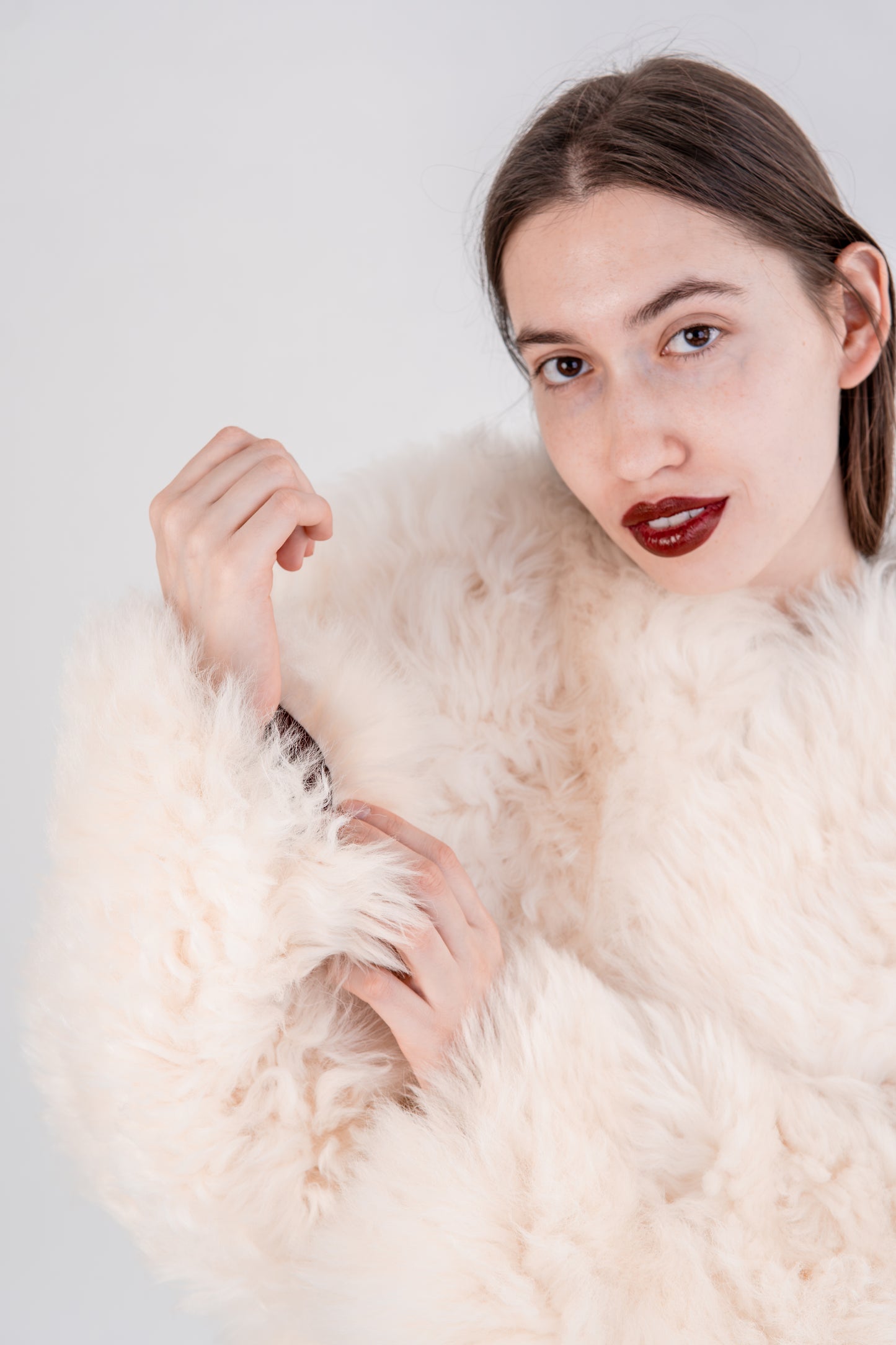 Sheepskin Coat with Burgundy Silk Lining - White