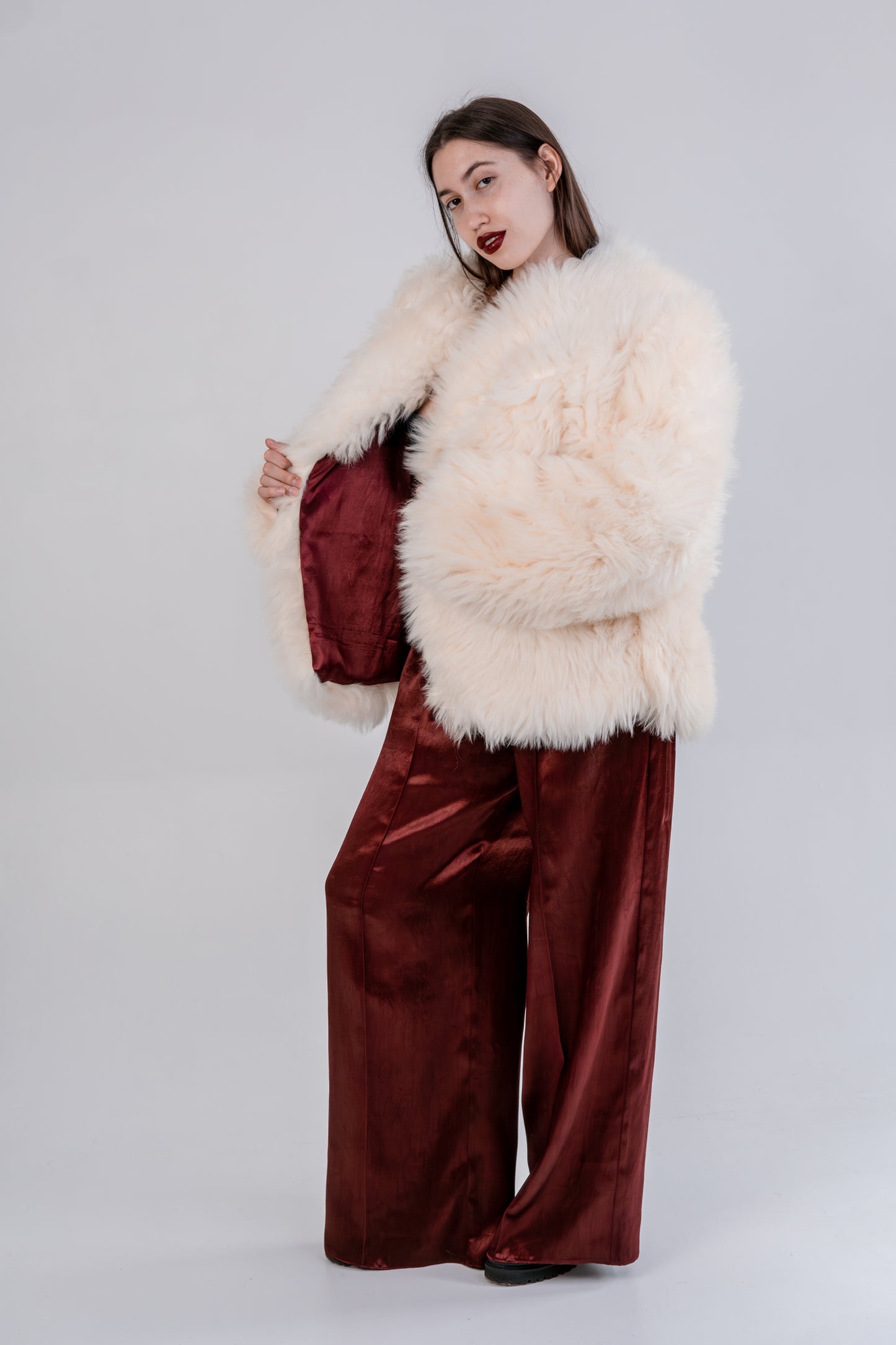 Sheepskin Coat with Burgundy Silk Lining - White