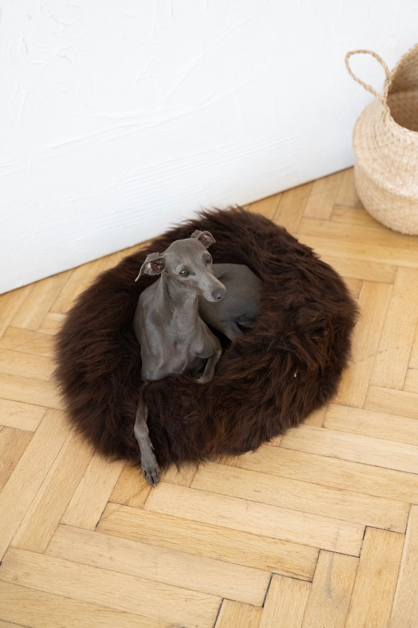 Round Natural Sheepskin Pet Bed - Brown