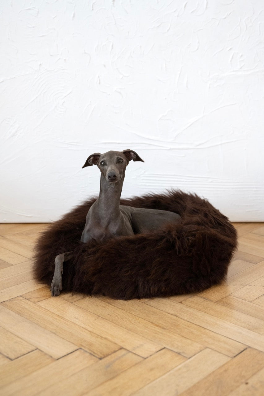 Round Natural Sheepskin Pet Bed - Brown