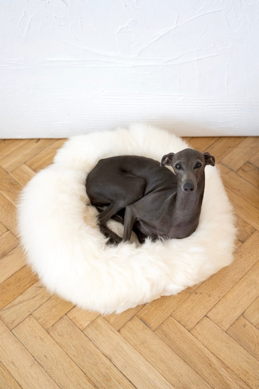 Round Natural Sheepskin Pet Bed - White