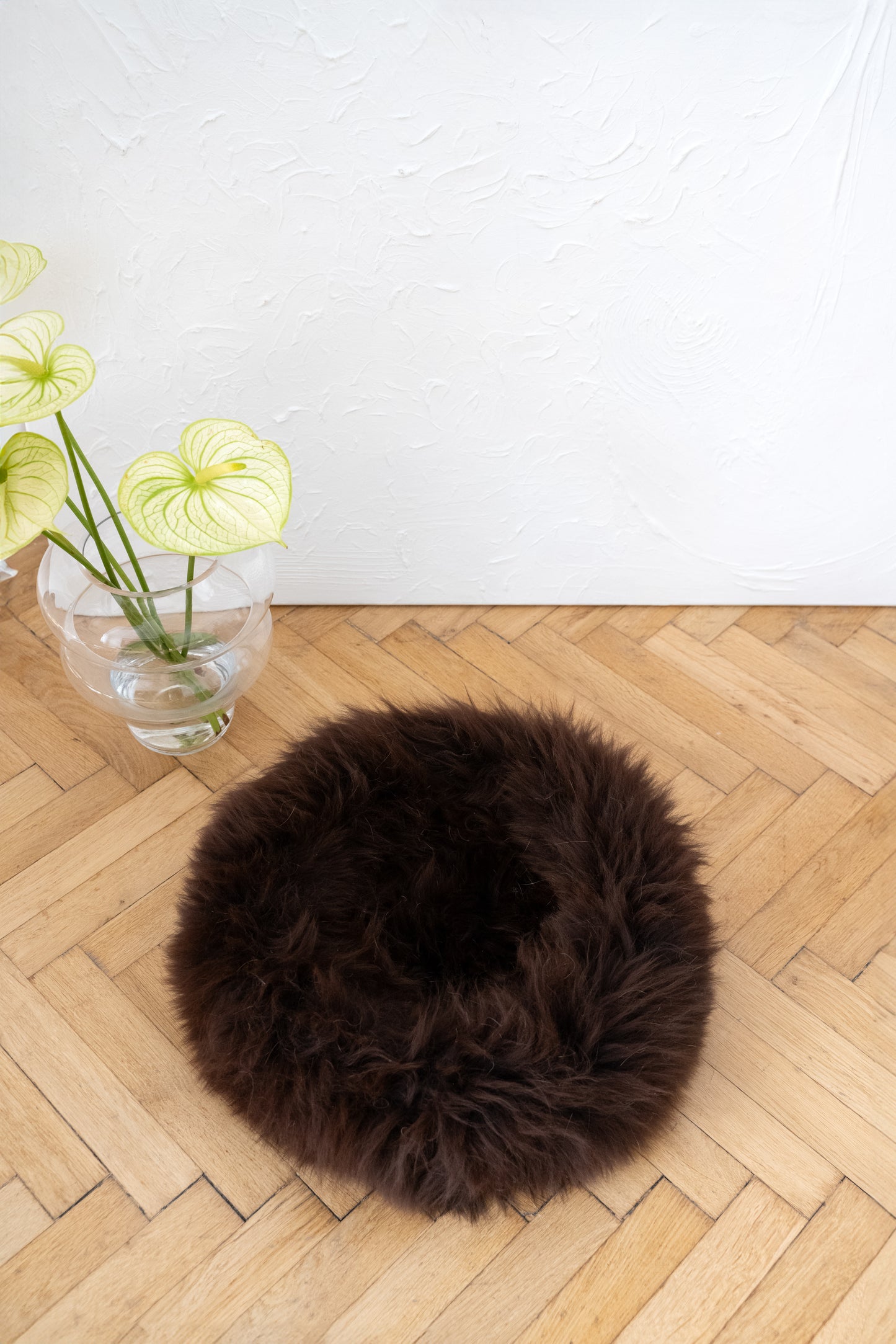 Round Natural Sheepskin Pet Bed - Brown