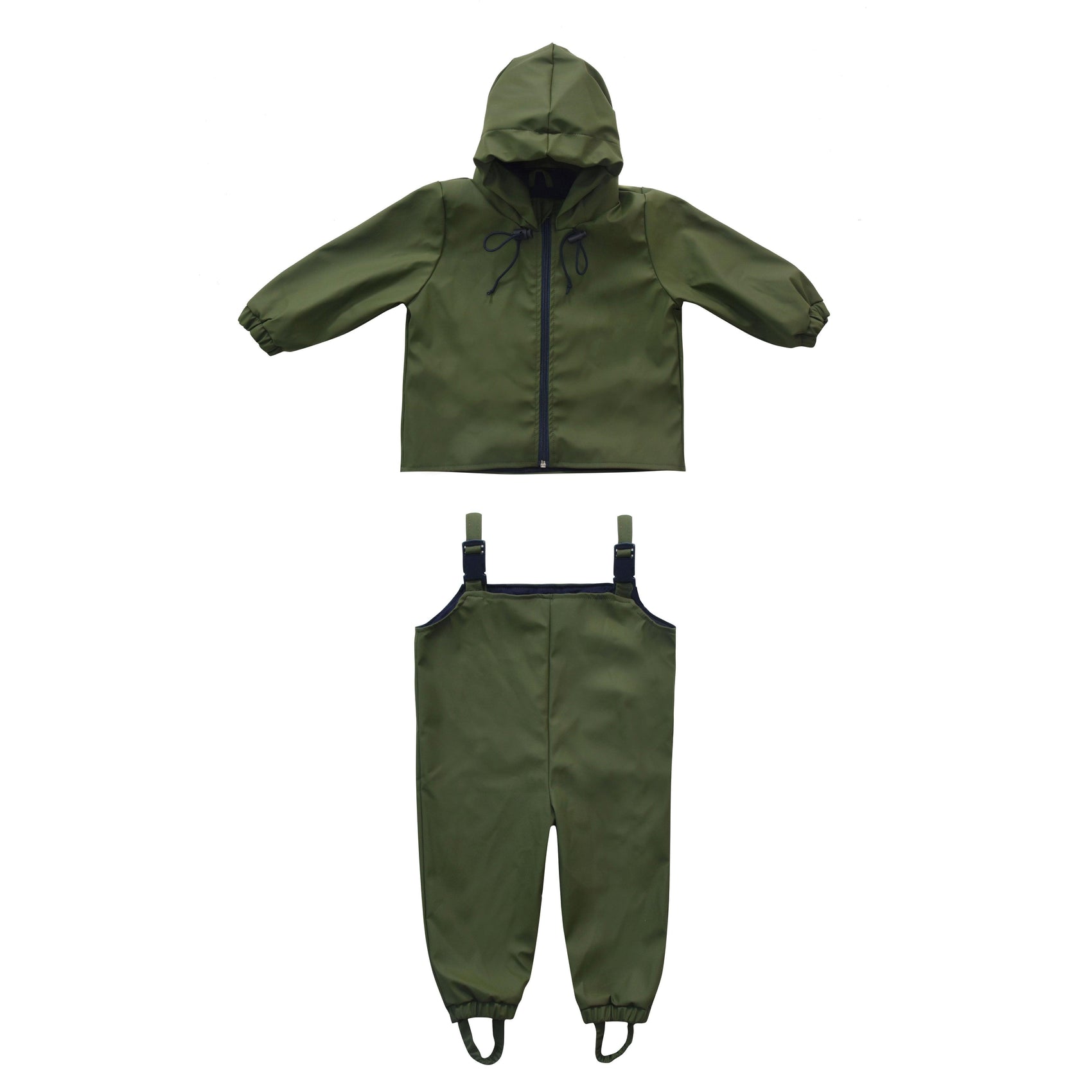 Green waterproof hooded rain jacket and matching rain pants set by MellowConceptStore isolated on a white background.