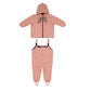 A Waterproof Baby/Kid Clothing Set - Rosa from MellowConceptStore, consisting of a pink hooded jacket and matching pants with adjustable suspenders, laid out flat against a white background.