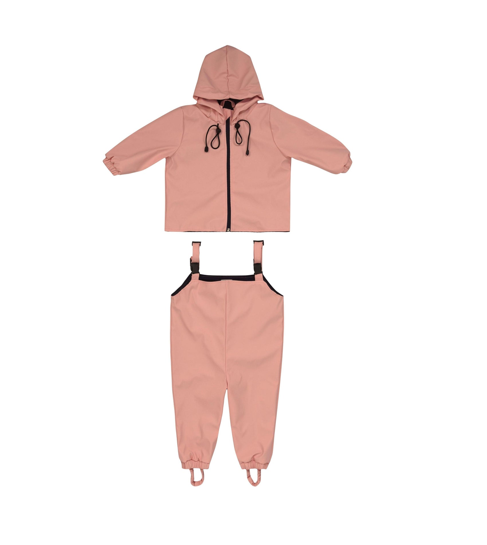 A Waterproof Baby/Kid Clothing Set - Rosa from MellowConceptStore, consisting of a pink hooded jacket and matching pants with adjustable suspenders, laid out flat against a white background.