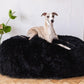 A greyhound lounging on a Mellow Pet Store Oval Natural Sheepskin Pet Bed in black.