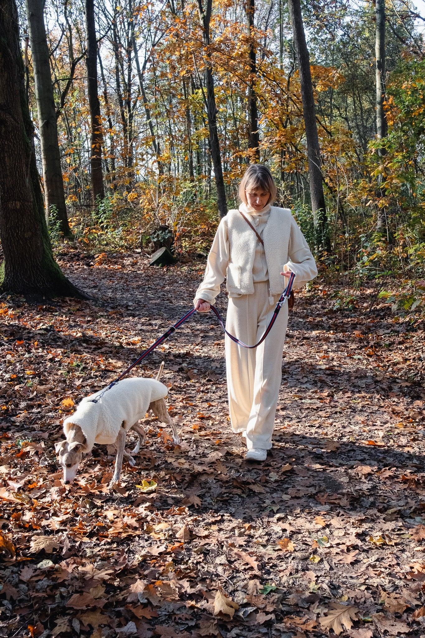 A woman, dressed as a Jedi, strolling with her dog in the woods wearing a White Woolen Dog Vest from Mellow Pet Store.