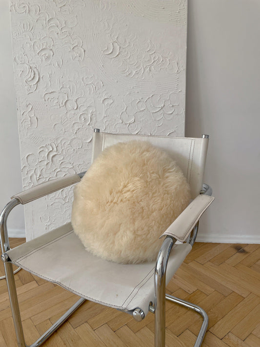 Round Natural Sheepskin Pillow - White