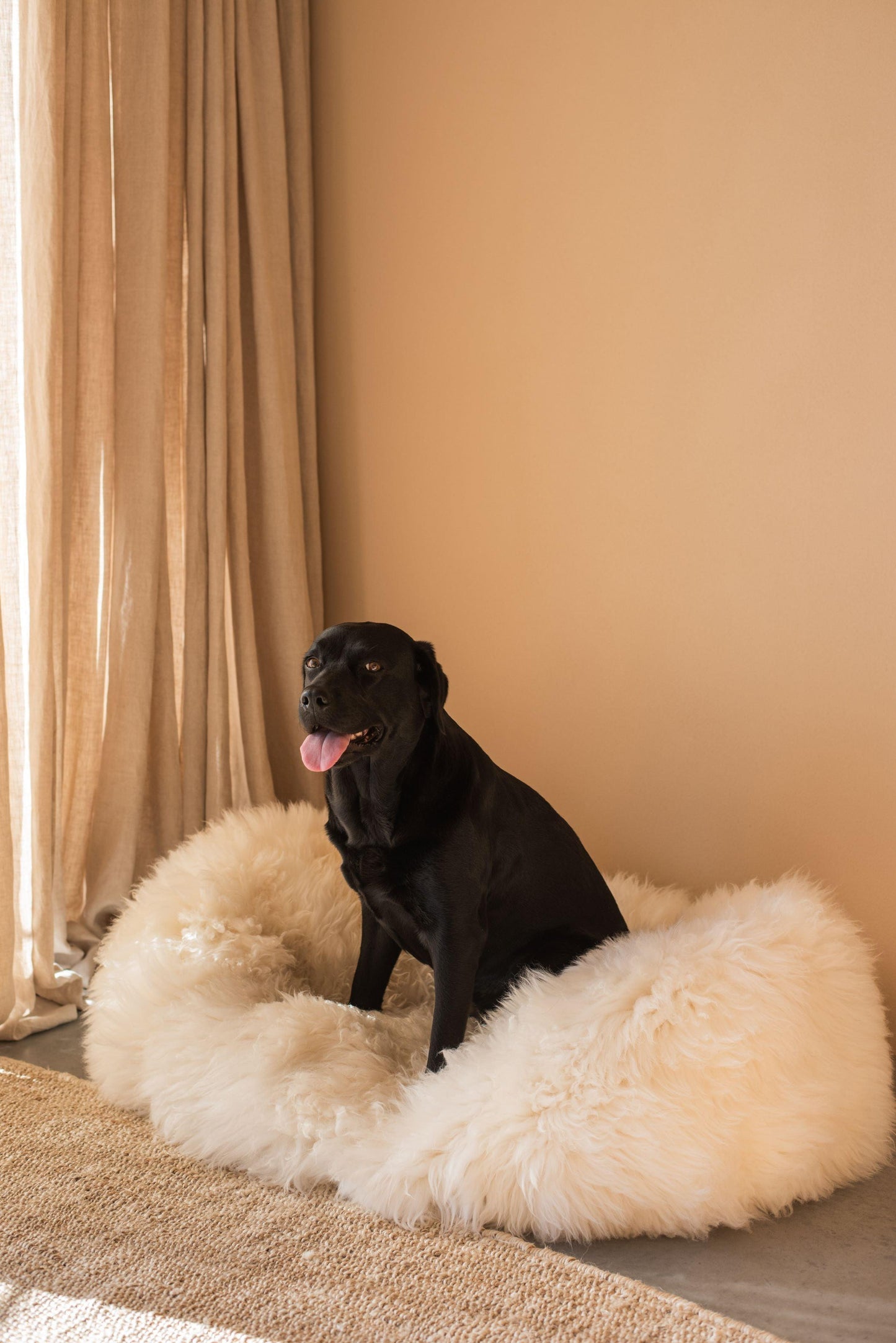 A black dog is lounging on a Mellow Pet Store Oval Natural Sheepskin Pet Bed.