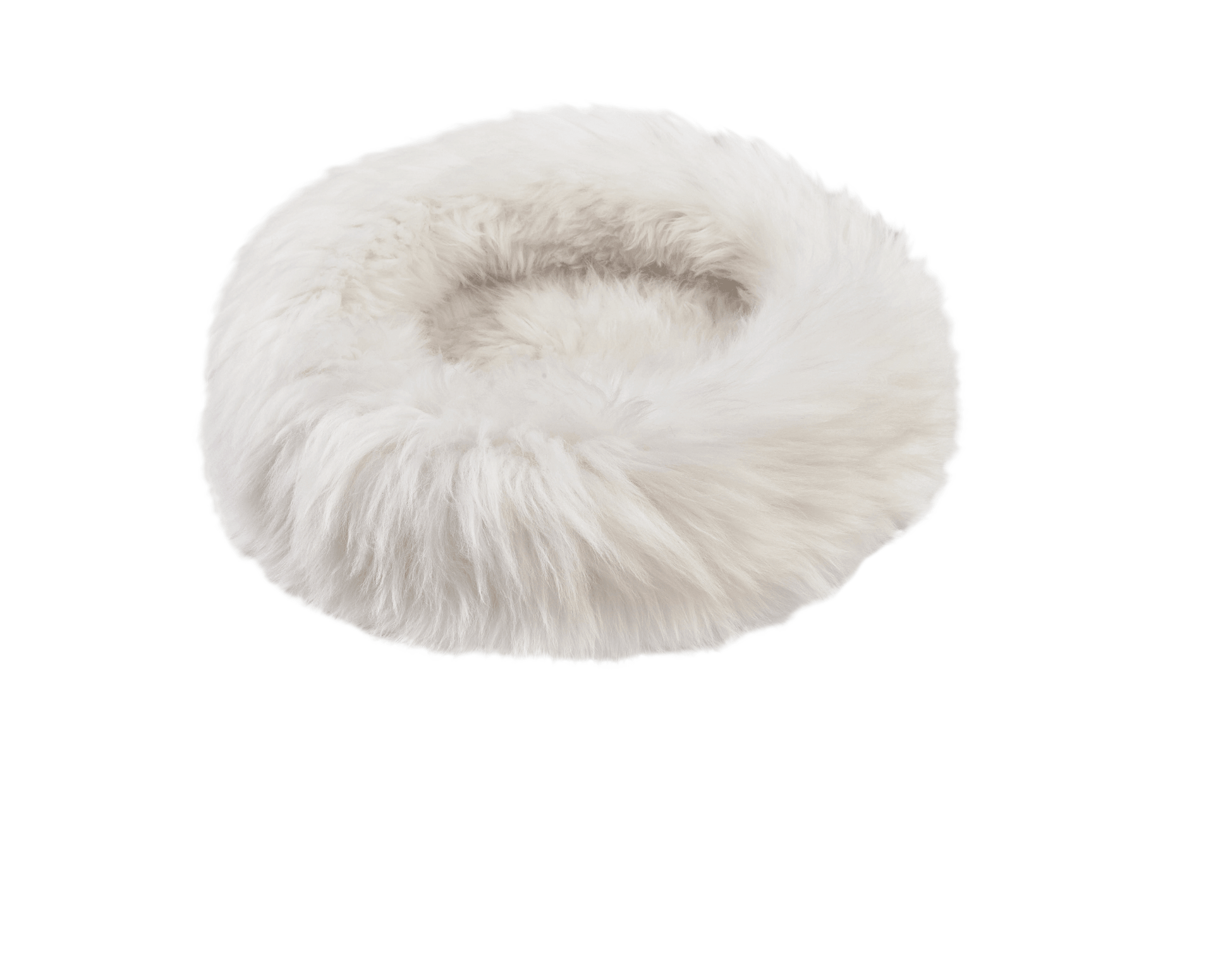 An Round Natural Sheepskin Pet Bed made of white fur on a white background by Mellow Pet Store.