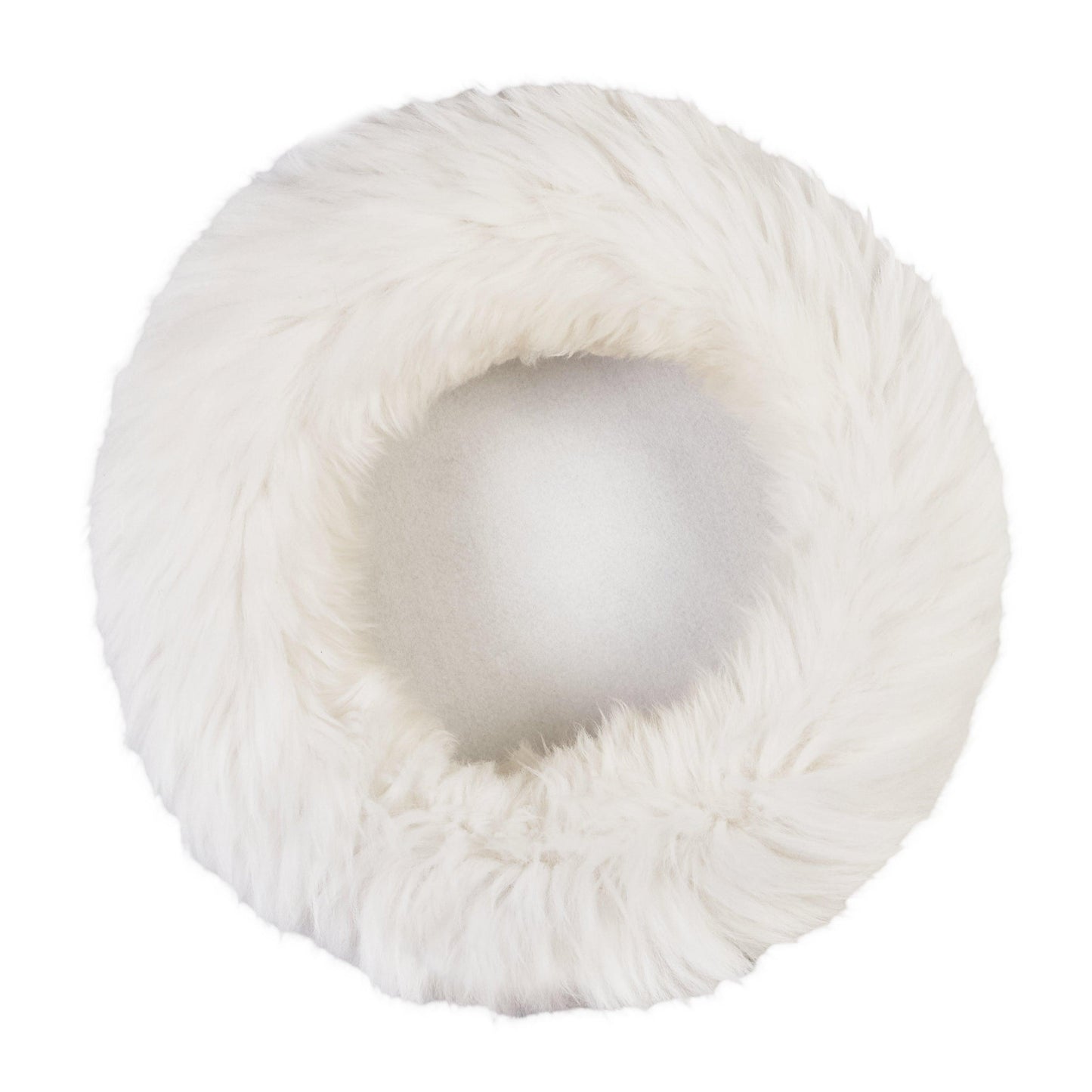 A Round Natural Sheepskin Pet Bed from Mellow Pet Store on a white background, perfect for eco-luxury pet supplies.