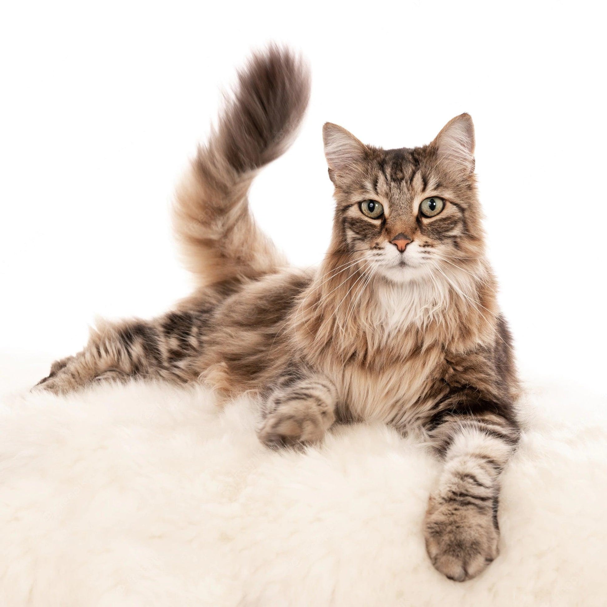 A long haired cat lounging on a Mellow Pet Store Natural Sheepskin Rug for Pet.