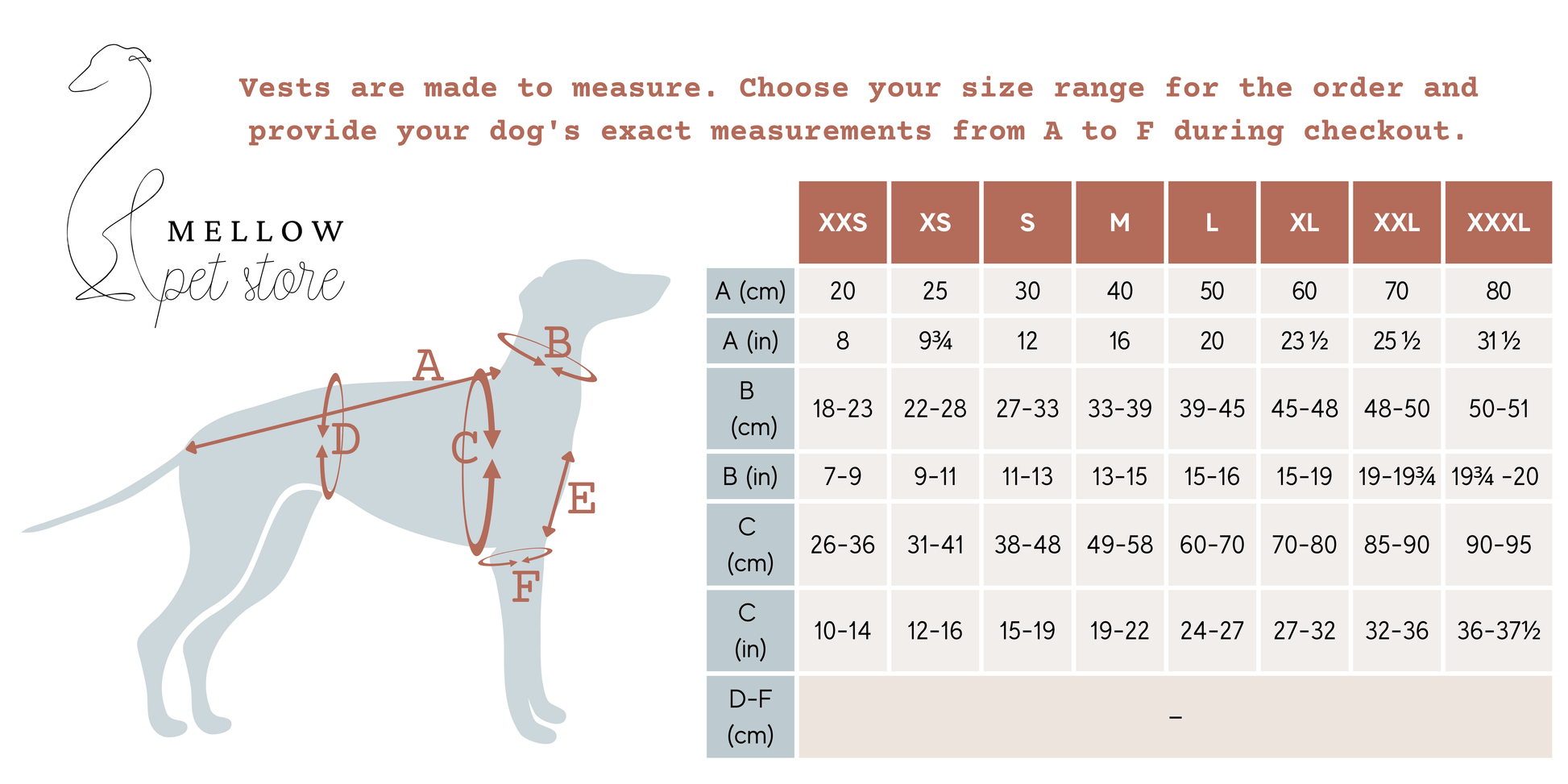 A chart displaying measurements of a Mellow Pet Store Woolen Dog Vest - Charcoal.